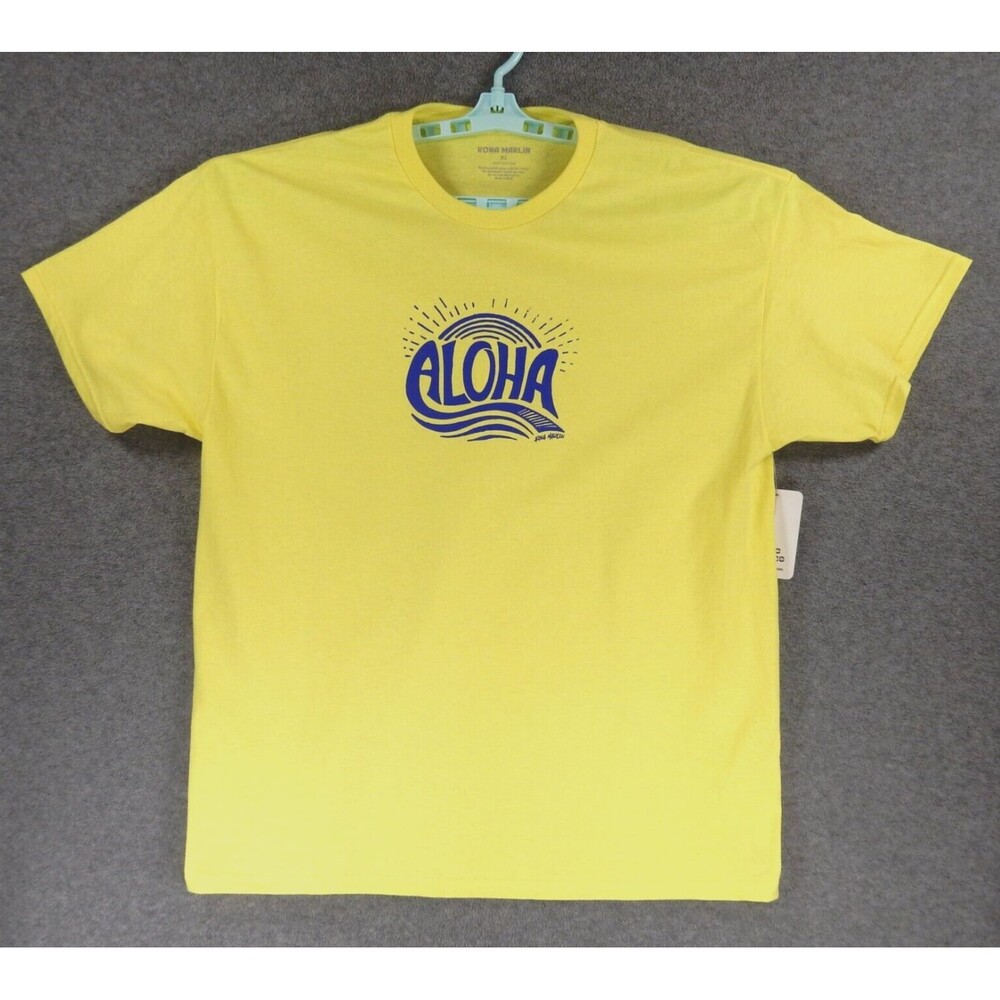 Aloha Hawaii Mens TShirt XL Yellow Sun Wave Ocean Sea Big Island Kona Marlin